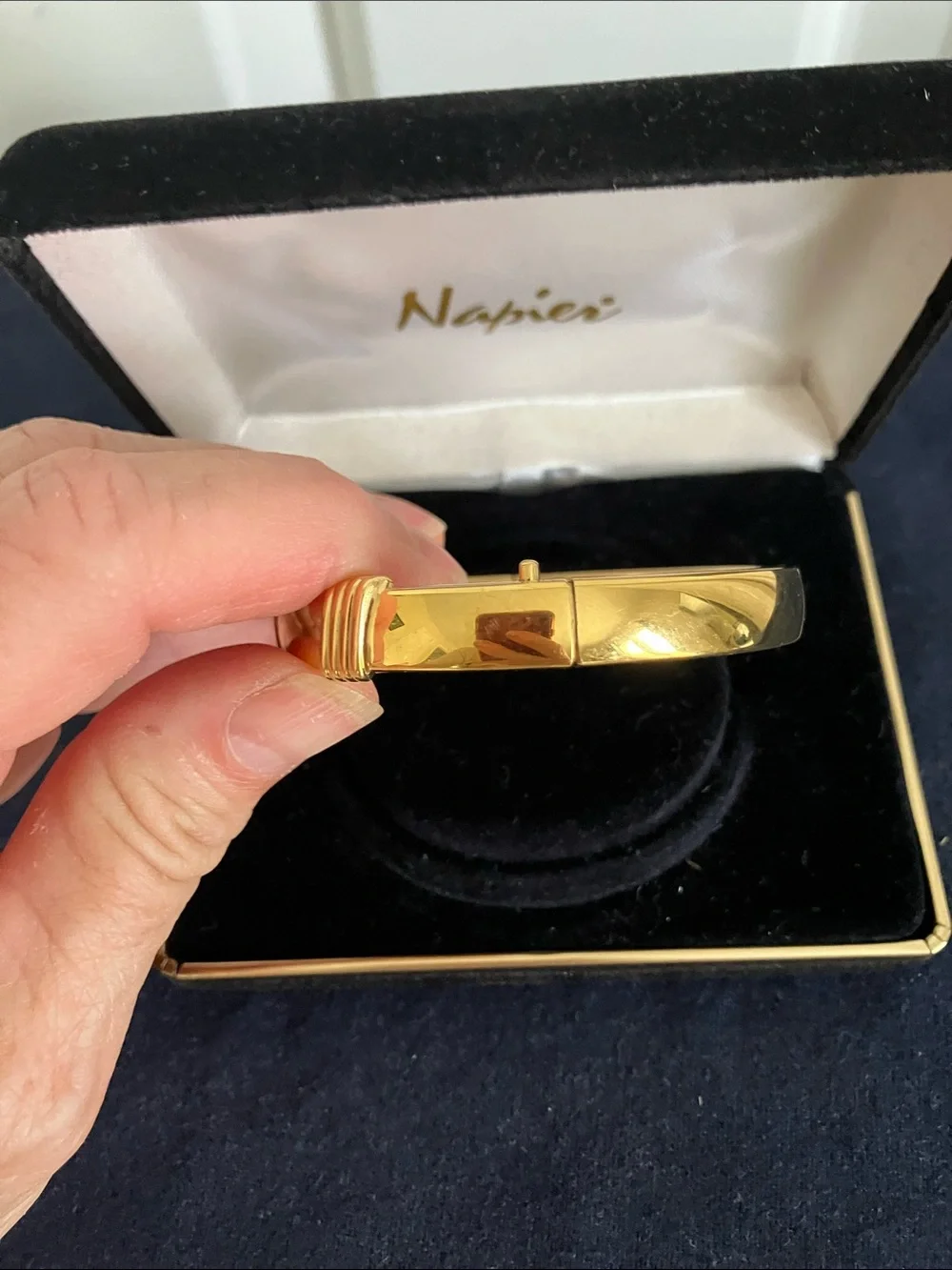 Napier Gold Tone Ribbed Accent Hinged Bangle Bracelet - Picture 3 of 5